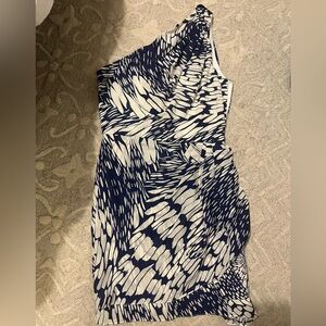 Shoshanna one shoulder blue and white midi dress